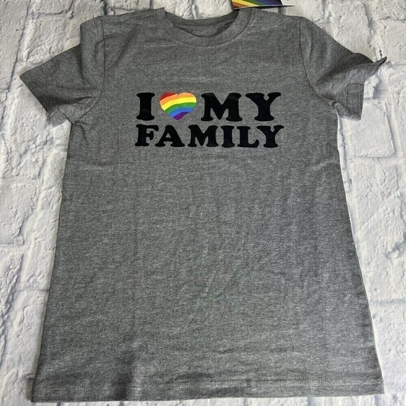 "I LOVE MY FAMILY" JERSEY TEE, GRAY UNISEX child SIZE M 8-10 Years Rainbow Heart - Picture 1 of 4